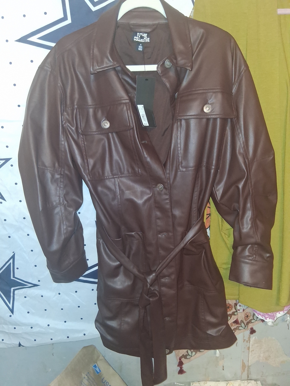 Future Collective Women's Chocolate Brown Faux Leather Belted Trench Coat